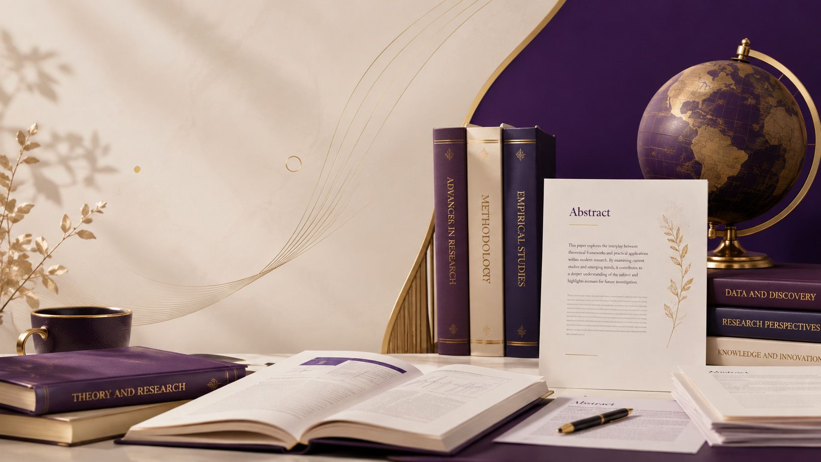 Books, research papers and a globe representing research and global knowledge
